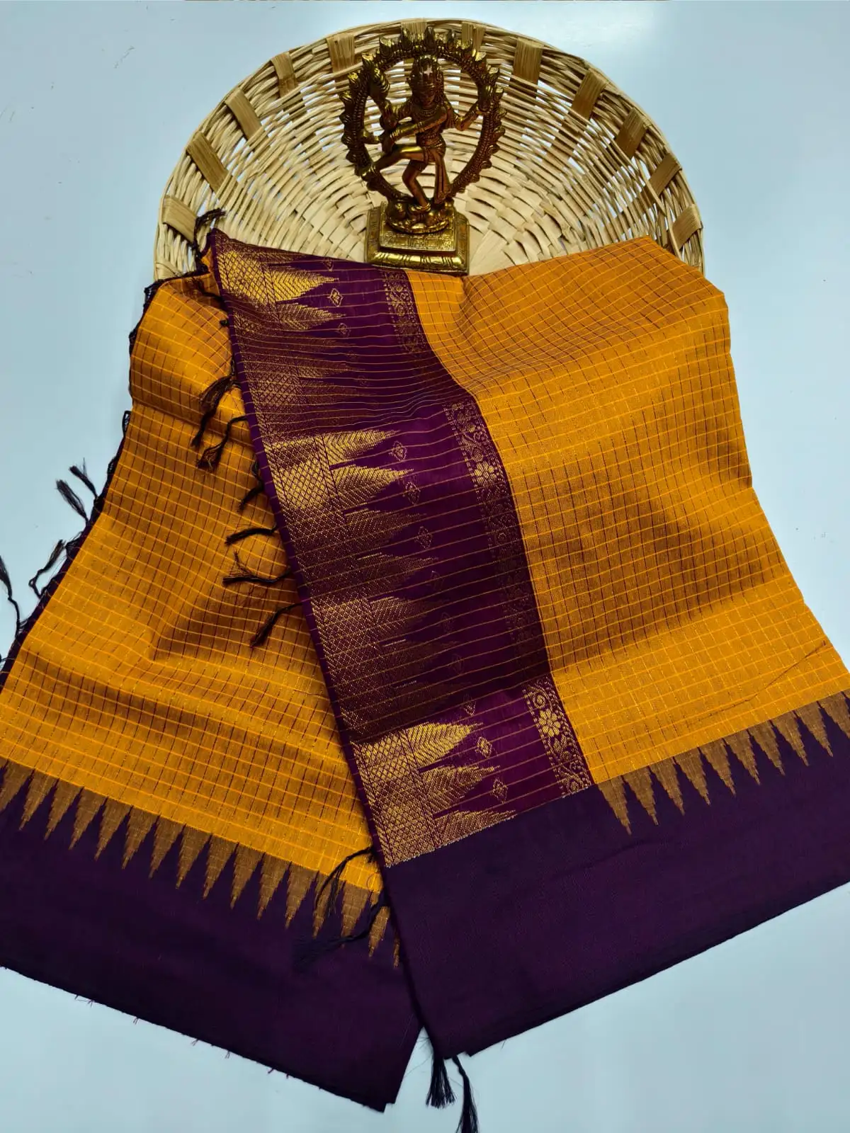 Mustard Purple Checked Paisley Zari Cotton Saree